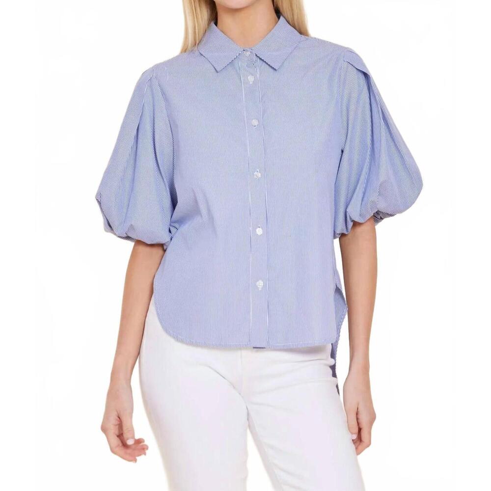 NEW DOLCE CABO poplin puff shoulder top in navy white